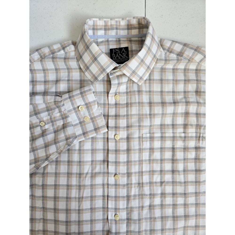Jos. A. Bank Men's M White Gray Tan Check Plaid Signature Wrinkle Free Button Up